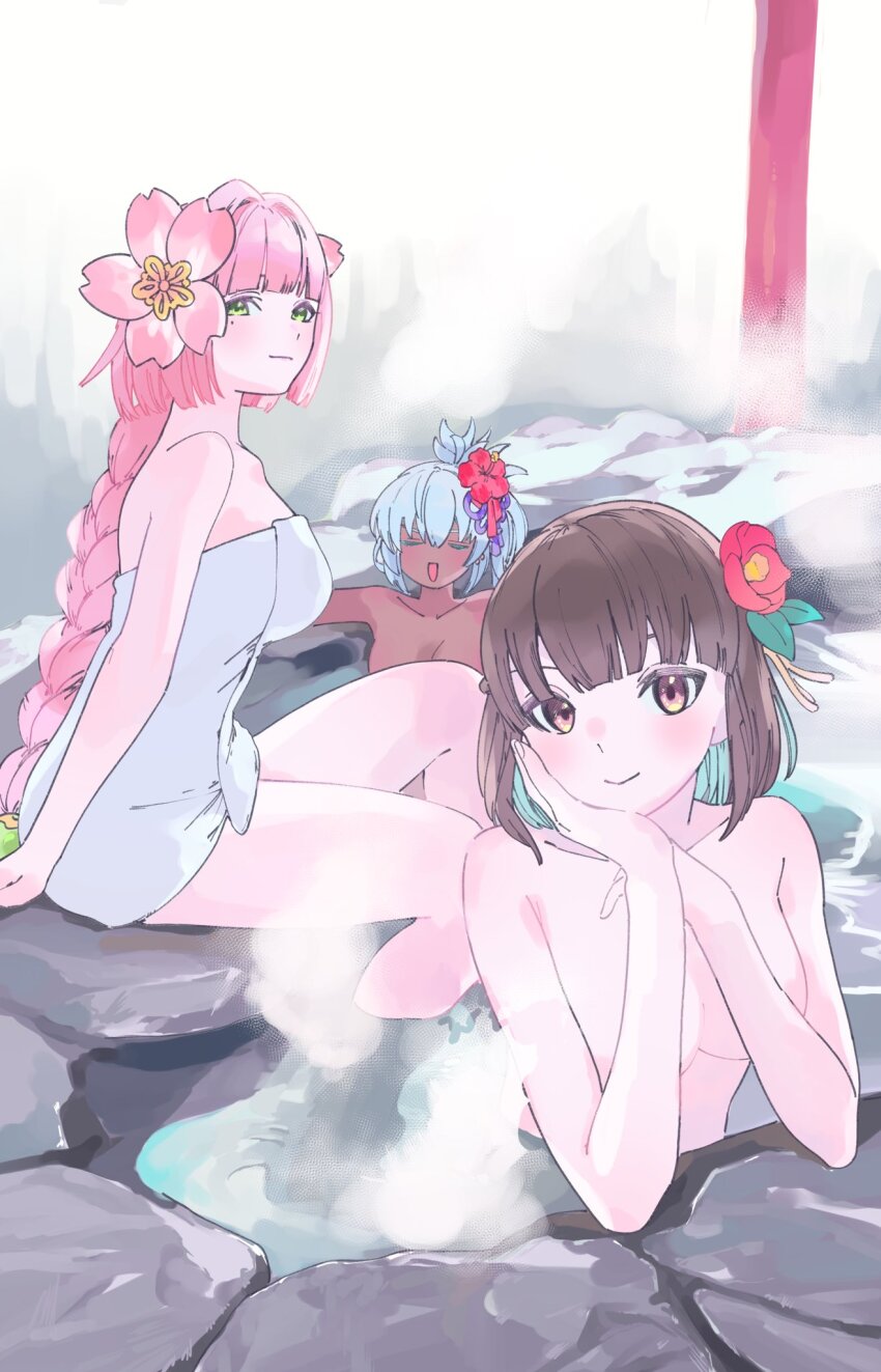 3girls bathing blush braid breasts brown_eyes brown_hair closed_eyes closed_mouth colored_inner_hair commentary_request completely_nude dark-skinned_female dark_skin flower green_eyes hair_flower hair_ornament highres iroha_(rune_factory) large_breasts long_hair looking_at_viewer matsuri_(rune_factory) medium_breasts mole mole_under_eye multicolored_hair multiple_girls naked_towel nude onsen open_mouth partially_submerged pink_flower pink_hair red_flower rune_factory rune_factory:_guardians_of_azuma single_braid sitting soaking_feet steam towel ulalaka valentine_(02140314c) very_long_hair water