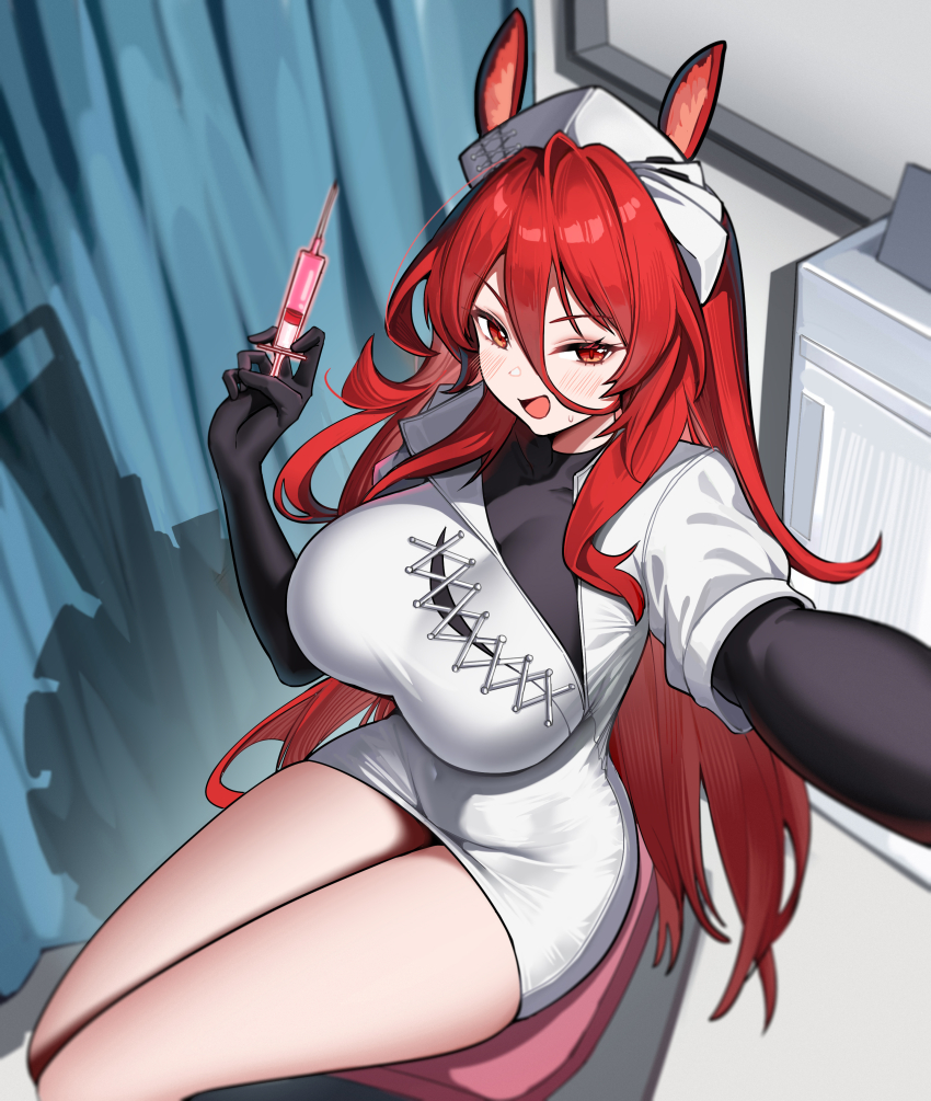 1girl absurdres animal_ears arknights black_bodystocking blush breasts chair circular_saw commentary covered_collarbone covered_navel criss-cross_strings curtains dishui_tangni dress from_above hair_between_eyes hand_up hat highres holding holding_syringe horse_ears horse_girl indoors large_breasts long_hair long_hair_between_eyes looking_at_viewer narantuya_(arknights) narantuya_(the_chainsaw_nurse)_(arknights) nurse nurse_cap official_alternate_costume on_chair open_mouth orange_eyes outstretched_arm red_hair saw see-through_cleavage see-through_clothes sidelocks silhouette sitting solo sweatdrop syringe thighs very_long_hair white_dress window