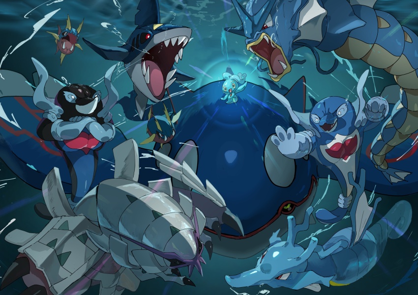 6+others :o absurdres air_bubble alternate_color animal_focus black_sclera blue_skin bubble carvanha caustics colored_sclera colored_skin coral crossed_arms epic fangs fighting game_freak gen_1_pokemon gen_2_pokemon gen_3_pokemon gen_4_pokemon gen_7_pokemon glowing golisopod gyarados highres kingdra kyogre legendary_pokemon looking_ahead looking_at_another manaphy multiple_others mythical_pokemon neon_lights nintendo no_humans open_mouth palafin palafin_(hero) pectorals pokemon pokemon_(creature) pokemon_focus riding riding_pokemon sharp_teeth sharpedo shiny_pokemon solo teeth underwater w0ch1en water yellow_eyes