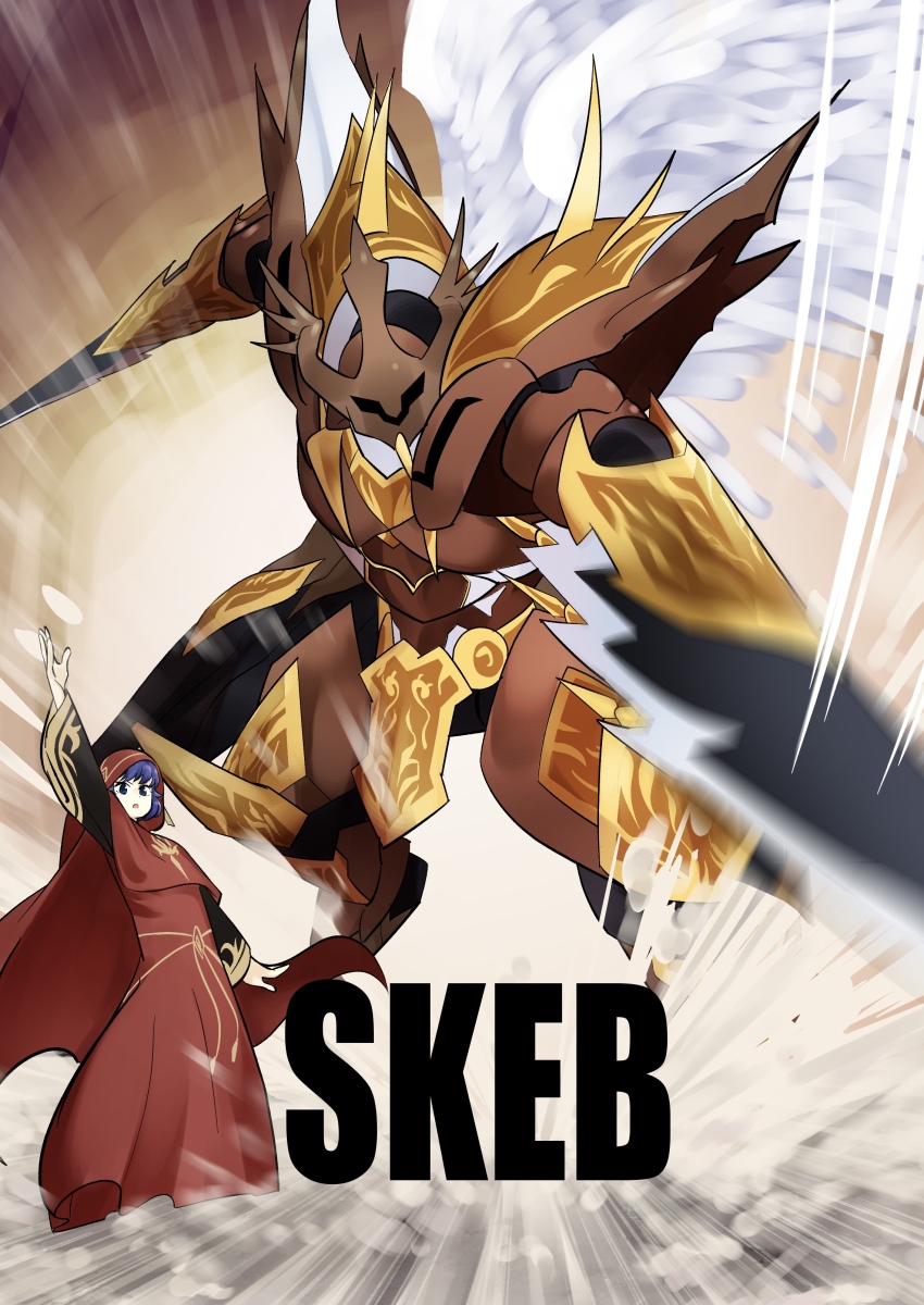 1boy 1girl absurdres arm_blade armor blue_eyes blue_hair brown_armor commission duel_monster emphasis_lines full_armor highres incoming_attack lo_the_prayers_of_the_voiceless_voice red_robe robe sawan_cutman skeb_commission skull_guardian_protector_of_the_voiceless_voice watermark weapon yu-gi-oh!