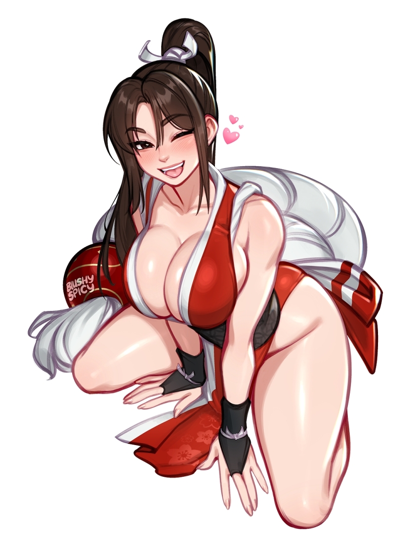 1girl bare_shoulders blushyspicy breasts brown_eyes brown_hair cleavage fatal_fury high_ponytail highres japanese_clothes large_breasts long_hair looking_at_viewer one_eye_closed open_mouth pelvic_curtain ponytail shiranui_mai simple_background solo teeth the_king_of_fighters thick_thighs thighs white_background wide_hips