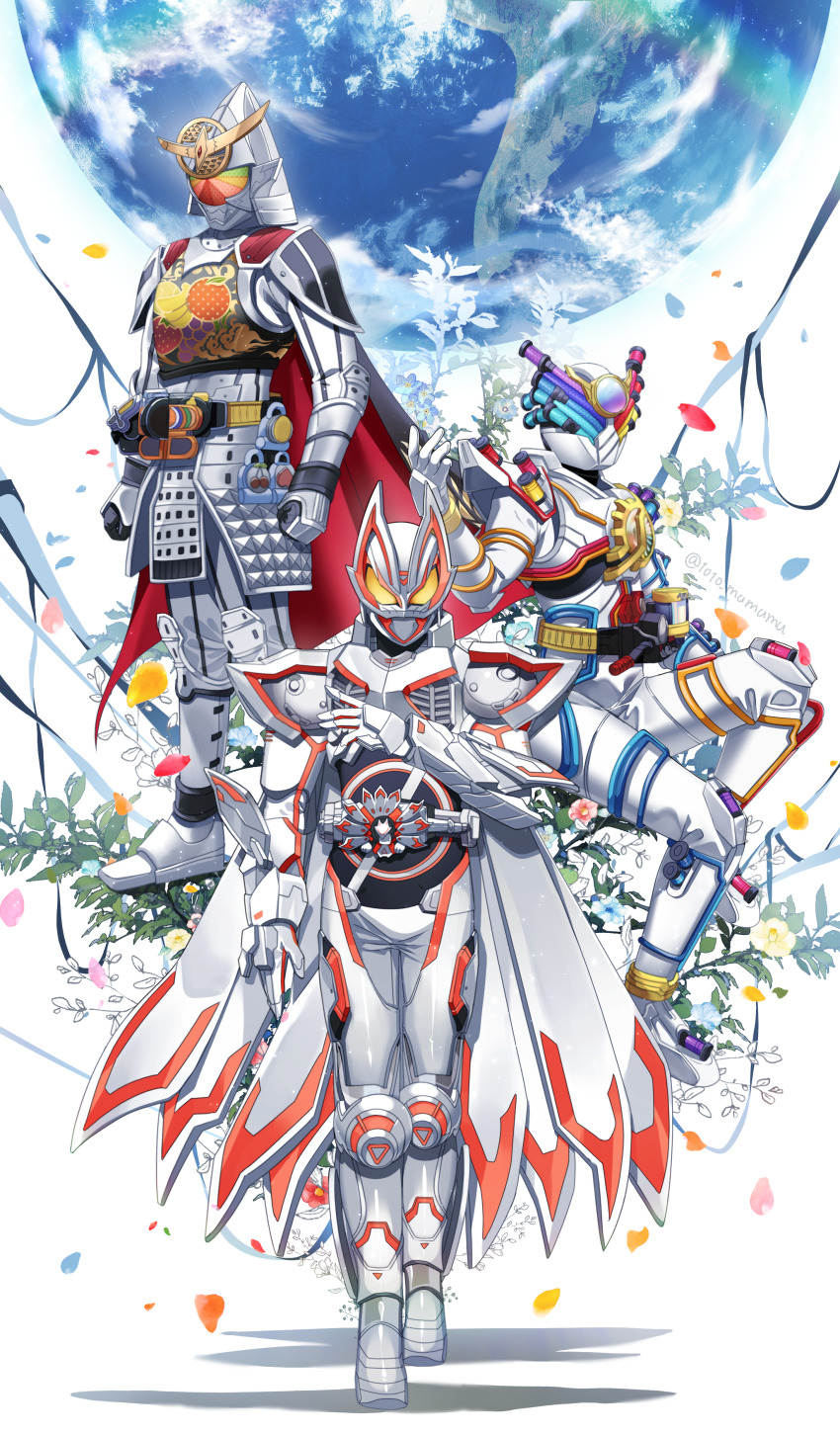 1010_mumumu 3boys absurdres armor bodysuit clenched_hands color_connection desire_driver earth_(planet) flower food_print fox_mask fruit_print genius_form highres kamen_rider kamen_rider_build kamen_rider_build_(series) kamen_rider_gaim kamen_rider_gaim_(kiwami_arms) kamen_rider_gaim_(series) kamen_rider_geats kamen_rider_geats_(series) kamen_rider_geats_ix male_focus mask multiple_boys planet power_armor rider_belt sengoku_driver trait_connection tube twitter_username white_bodysuit