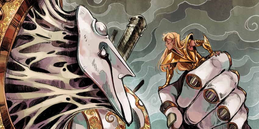 1boy ameliecausse armor blonde_hair blood bloody_tears closed_eyes crying from_side giant giant_monster gold_armor gold_cloth gold_saint highres long_hair male_focus monster overcast profile saint_seiya sky streaming_tears tears virgo_shaka white_mask