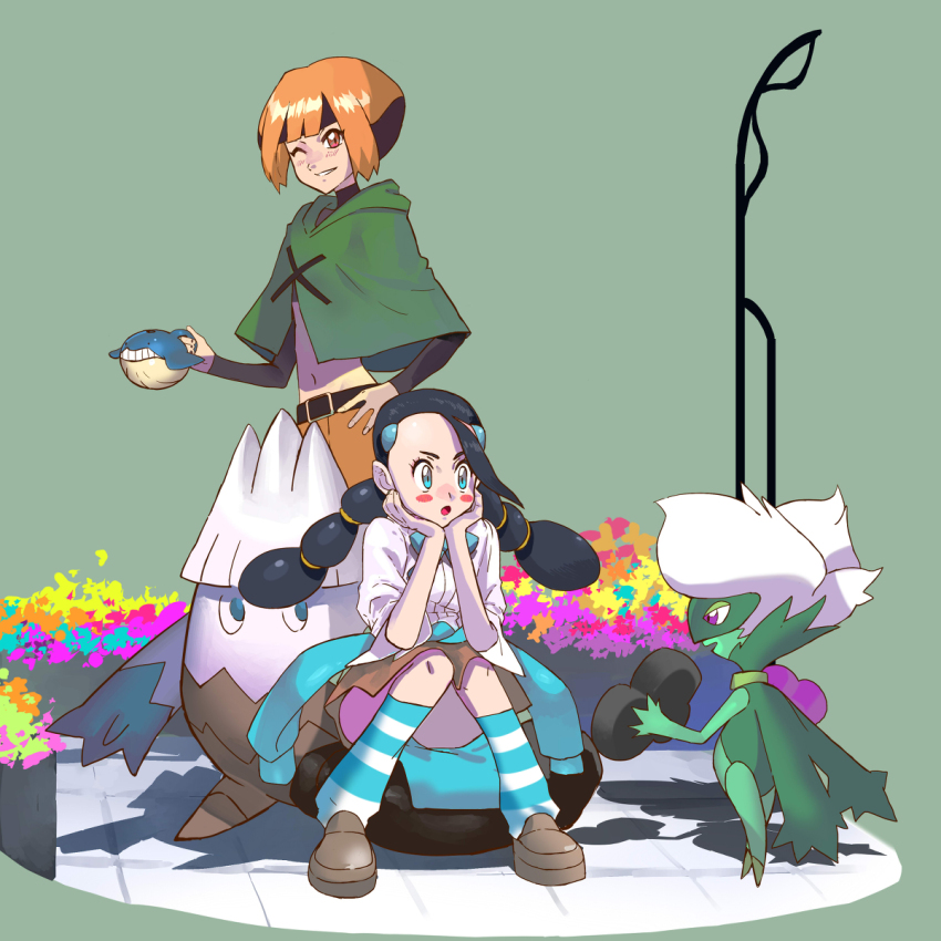 2girls blue_eyes breasts candice_(pokemon) clothes_around_waist game_freak gardenia_(pokemon) gen_3_pokemon gen_4_pokemon highres hiro_(user_negm3832) long_hair medium_breasts multi-tied_hair multiple_girls nintendo one_eye_closed orange_eyes orange_hair pokemon pokemon_dppt roserade shoes short_hair sitting small_breasts snover socks sweater sweater_around_waist wailmer wink