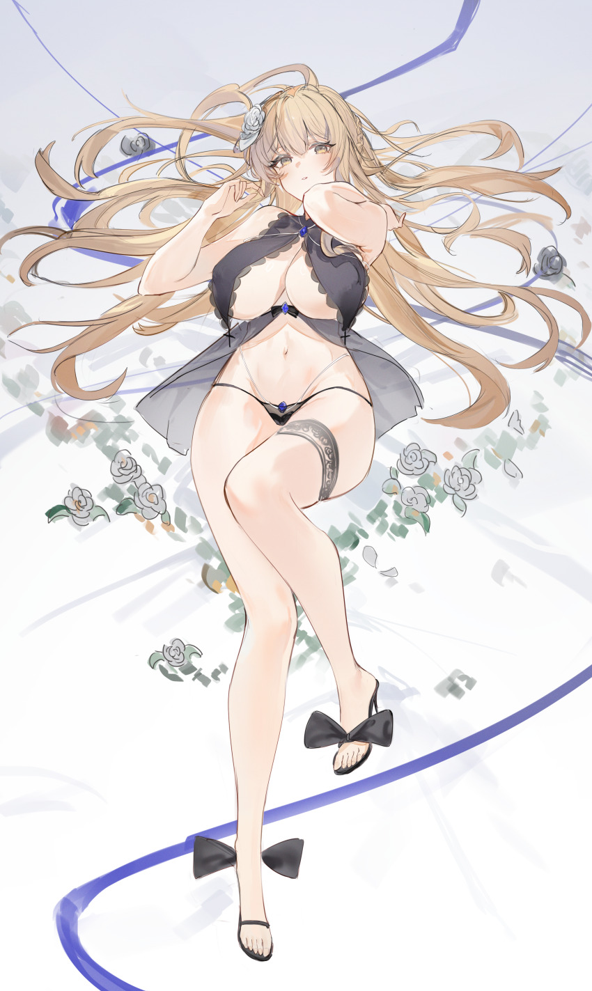 1girl absurdres babydoll bare_shoulders black_babydoll black_panties blonde_hair breast_curtains breasts flantia full_body garter_belt hair_ornament highres large_breasts lingerie lying navel original panties see-through_babydoll see-through_clothes simple_background underwear white_background yellow_eyes