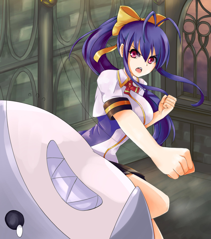 &gt;:o 1girl :o absurdres angry antenna_hair ascot blazblue blazblue_remix_heart blue_hair bow breasts clenched_hand clenched_hands female_focus genderswap genderswap_(mtf) hair_bow hair_ribbon hallway highres indoors ionbro large_breasts long_hair mai_natsume open_mouth ponytail punching red_eyes ribbon school_uniform shark short_sleeves skirt solo sunimu tearing_up v-shaped_eyebrows window yellow_bow