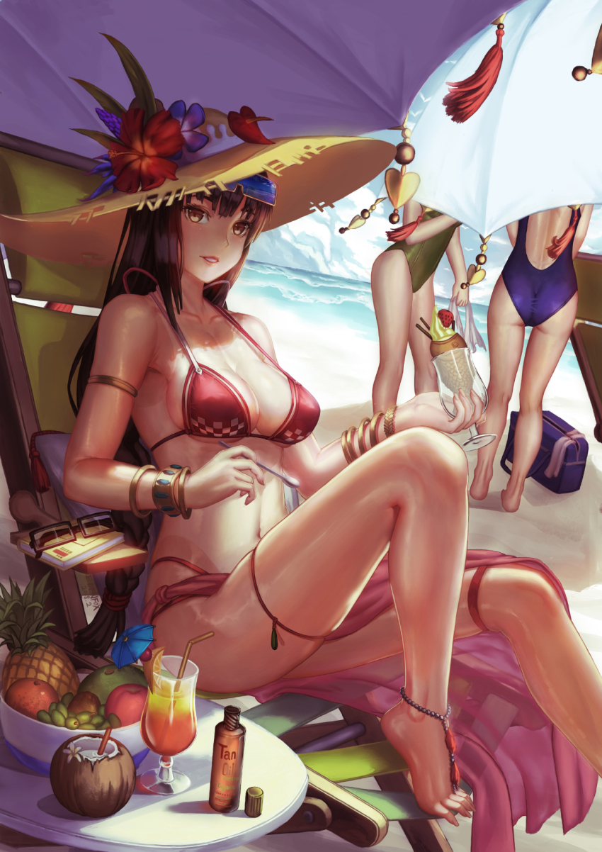 3girls anklet armlet beach bikini black_hair bracelet braid breasts brown_eyes coconut day edenfox unworn_eyewear food fruit hat highres jewelry long_hair looking_at_viewer medium_breasts moe2018 multiple_girls one-piece_swimsuit original outdoors parasol parted_lips pineapple sarong sitting standing swimsuit teeth thigh_strap umbrella water