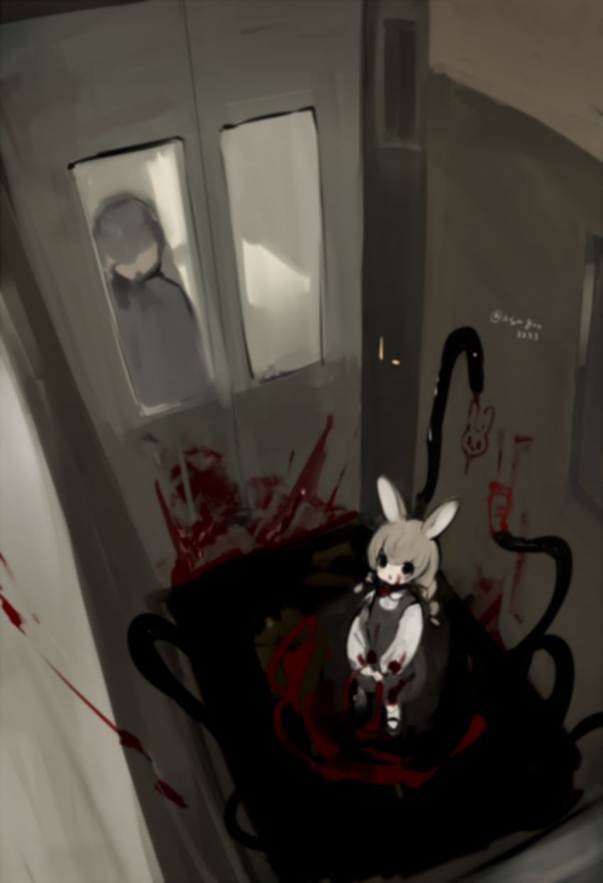 1girl 1other animal_ears black_eyes blood blood_splatter blurry braid commentary_request dress elevator from_above grey_dress grey_hair highres horror_(theme) indoors long_hair long_sleeves looking_at_viewer looking_up original paid_reward_available partial_commentary rabbit_ears rabbit_girl shirokujira twin_braids