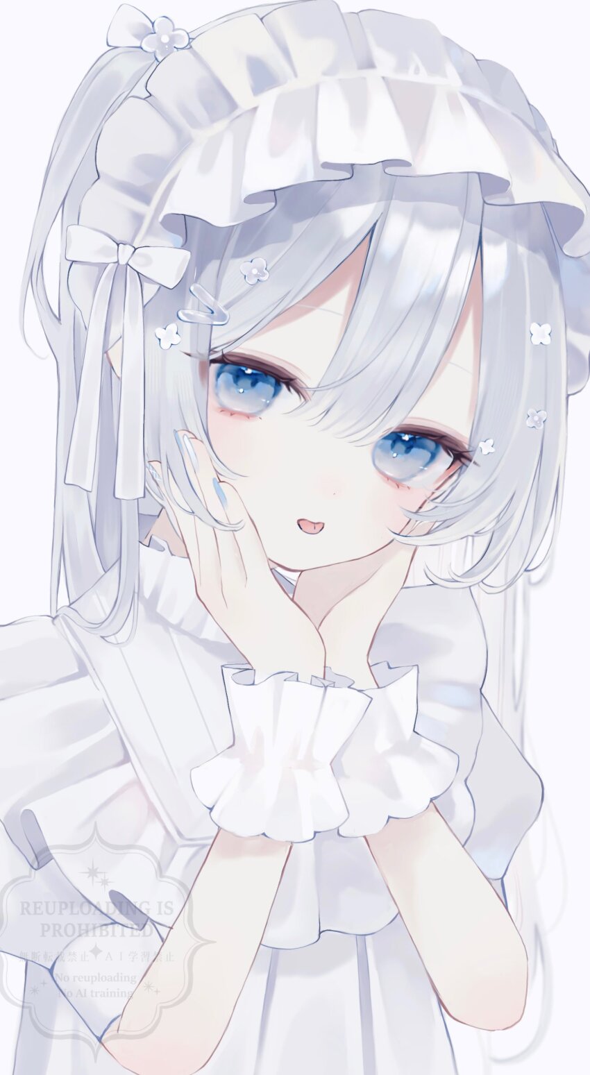 absurdres ao_marumaru0720 blue_eyes blue_nails dress flower frilled_dress frilled_sleeves frills hair_between_eyes hair_flower hair_ornament hair_ribbon hand_on_own_chin highres maid_headdress original puffy_sleeves ribbon short_sleeves tongue tongue_out white_dress white_hair white_ribbon white_sleeves