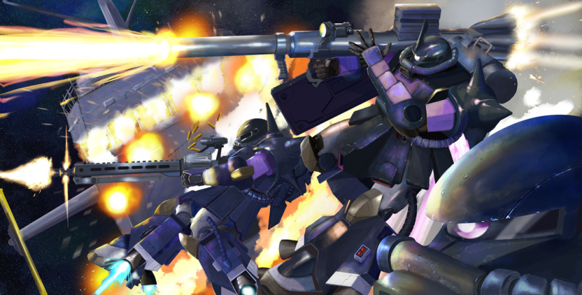 bad_id bad_pixiv_id battle black_tri-stars derivative_work explosion firing gun gundam i.t.o_daynamics m1_bazooka machine_gun mecha mobile_suit_gundam realistic robot rocket_launcher science_fiction shell_casing space spacecraft weapon zaku zaku_ii zaku_ii_hmt_black_tri-stars_custom zero_gravity