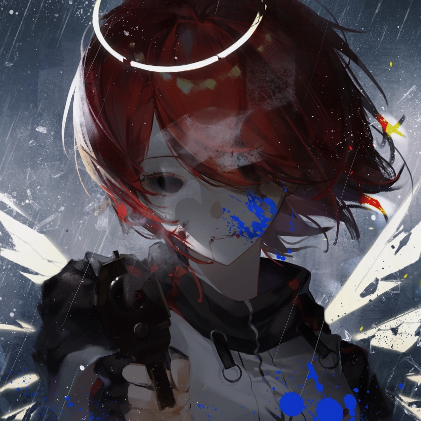 1girl absurdres aiming aiming_at_viewer angel arknights backlighting black_eyes black_gloves black_shirt blood blood_from_mouth blood_on_face blue_blood broken_halo chinese_commentary detached_wings empty_eyes energy_wings exusiai_(arknights) fingerless_gloves gloves grey_background gun hair_over_one_eye halo handgun highres holding holding_gun holding_weapon jacket looking_at_viewer parted_lips portrait raglan_sleeves rain red_hair shirt short_hair smoke smoking_barrel solo straight-on torn_wings traditional_halo weapon white_jacket wings zhiqizhe06570