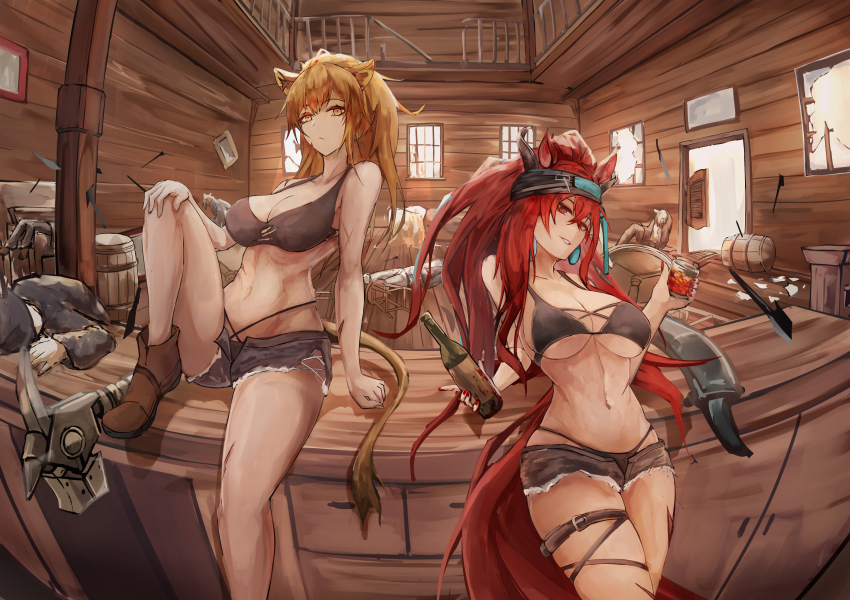 2girls absurdres animal_ears arknights bare_shoulders breasts brown_hair commentary_request crop_top earrings hair_between_eyes highres holding indoors jewelry kisumun large_breasts lion_ears lion_girl lion_tail long_hair midriff multiple_girls narantuya_(arknights) navel red_eyes red_hair short_shorts shorts sideboob siege_(arknights) sitting stomach tail tank_top thighs underboob