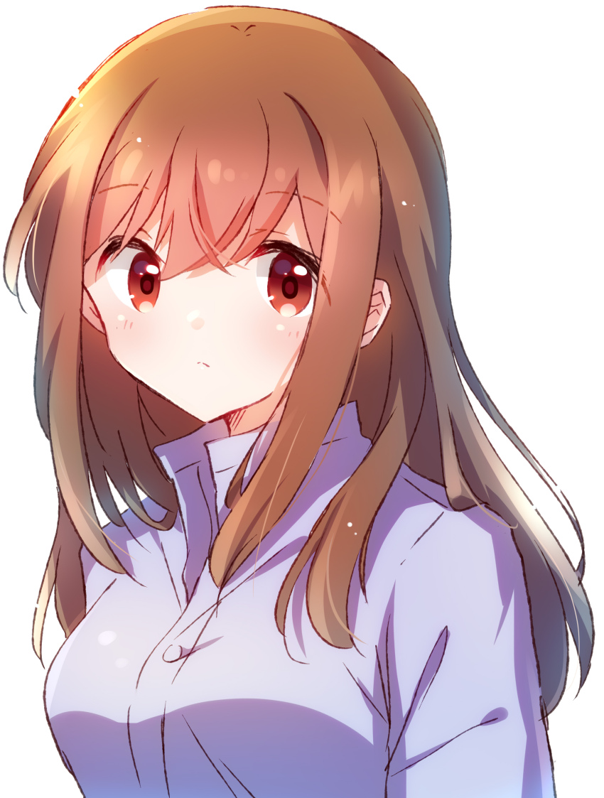 1girl absurdres breasts brown_hair character_request closed_mouth commentary_request copyright_request highres large_breasts long_hair looking_at_viewer nyaa_(nnekoron) purple_shirt red_eyes shirt simple_background solo upper_body white_background