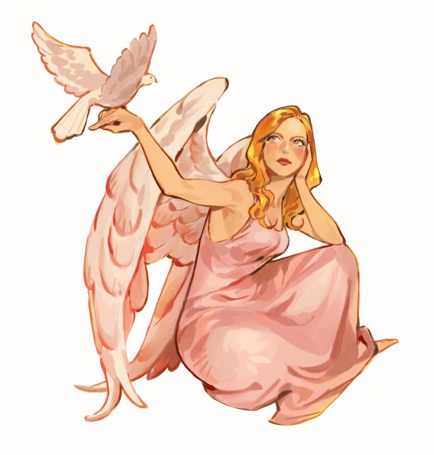 1girl angel_wings arm_up armpits barefoot bird bird_on_hand blonde_hair blue_eyes breasts dress elbow_on_knee elbow_rest eyelashes full_body hair_over_shoulder hand_on_own_cheek hand_on_own_face head_rest highres kunnuscumnus long_dress long_hair looking_at_animal medium_breasts parted_hair photo-referenced pigeon pink_dress real_life simple_background sitting sleeveless sleeveless_dress thick_lips wavy_ends wavy_hair white_background white_wings wings