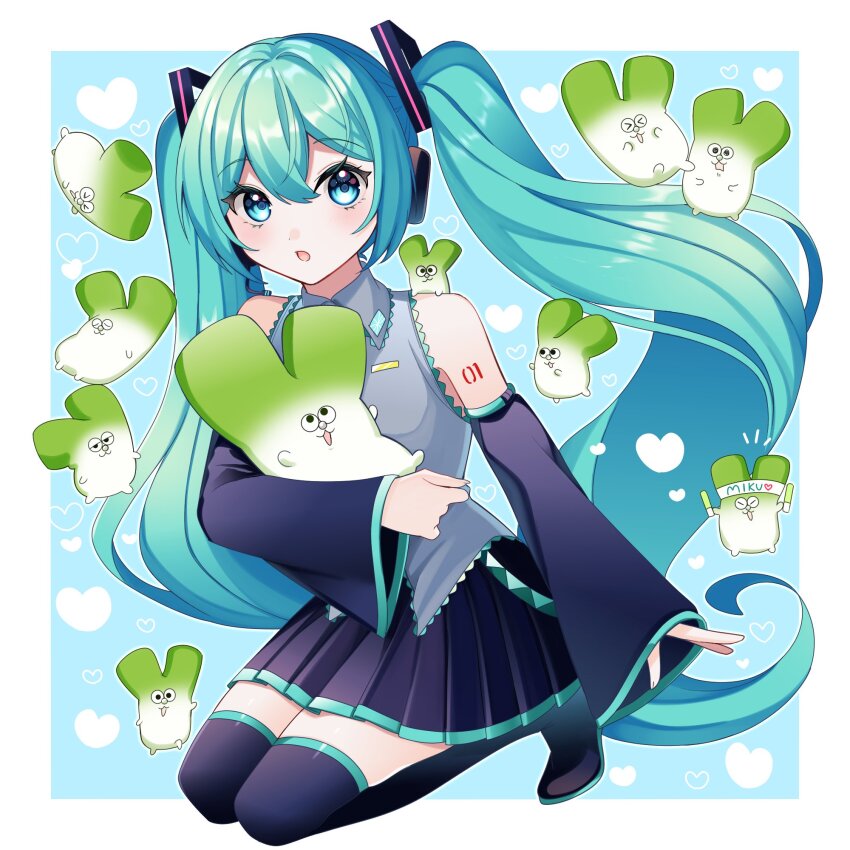 1girl aqua_eyes aqua_hair black_skirt blush boots detached_sleeves grey_shirt hair_between_eyes hair_ornament hatsune_miku headphones highres holding holding_stuffed_toy long_hair long_sleeves looking_at_viewer masumofu number_tattoo open_mouth pleated_skirt shirt skirt sleeveless sleeveless_shirt sleeves_past_wrists stuffed_toy tattoo thigh_boots twintails very_long_hair vocaloid wide_sleeves