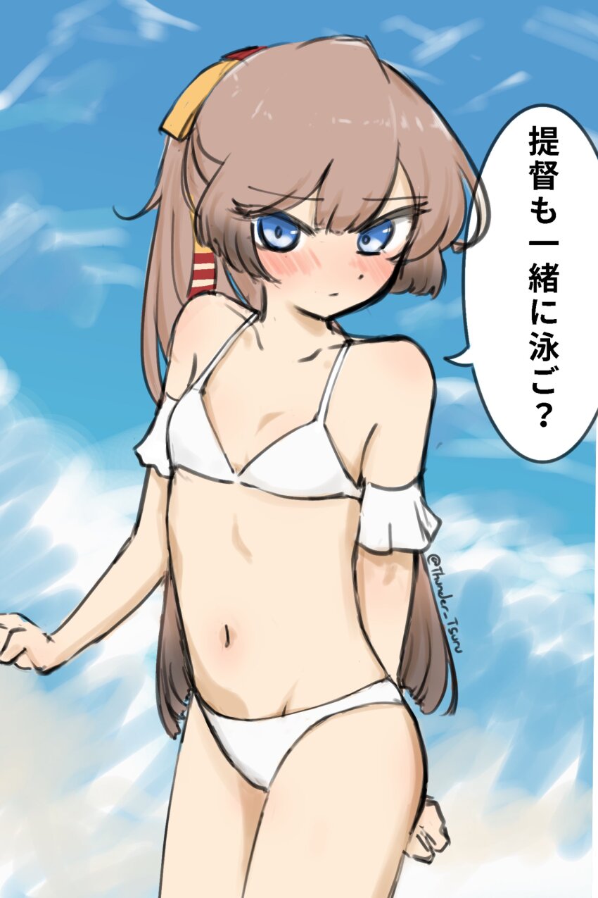 1girl absurdres bikini blue_eyes blue_sky brown_hair cloud commentary_request cowboy_shot flat_chest hair_ribbon highres kantai_collection kazagumo_(kancolle) kazagumo_kai_ni_(kancolle) kazagumo_kai_ni_(swimsuit)_(kancolle) long_hair looking_at_viewer navel ponytail ribbon sky solo swimsuit translated tsuru_(thunder_tsuru) white_bikini