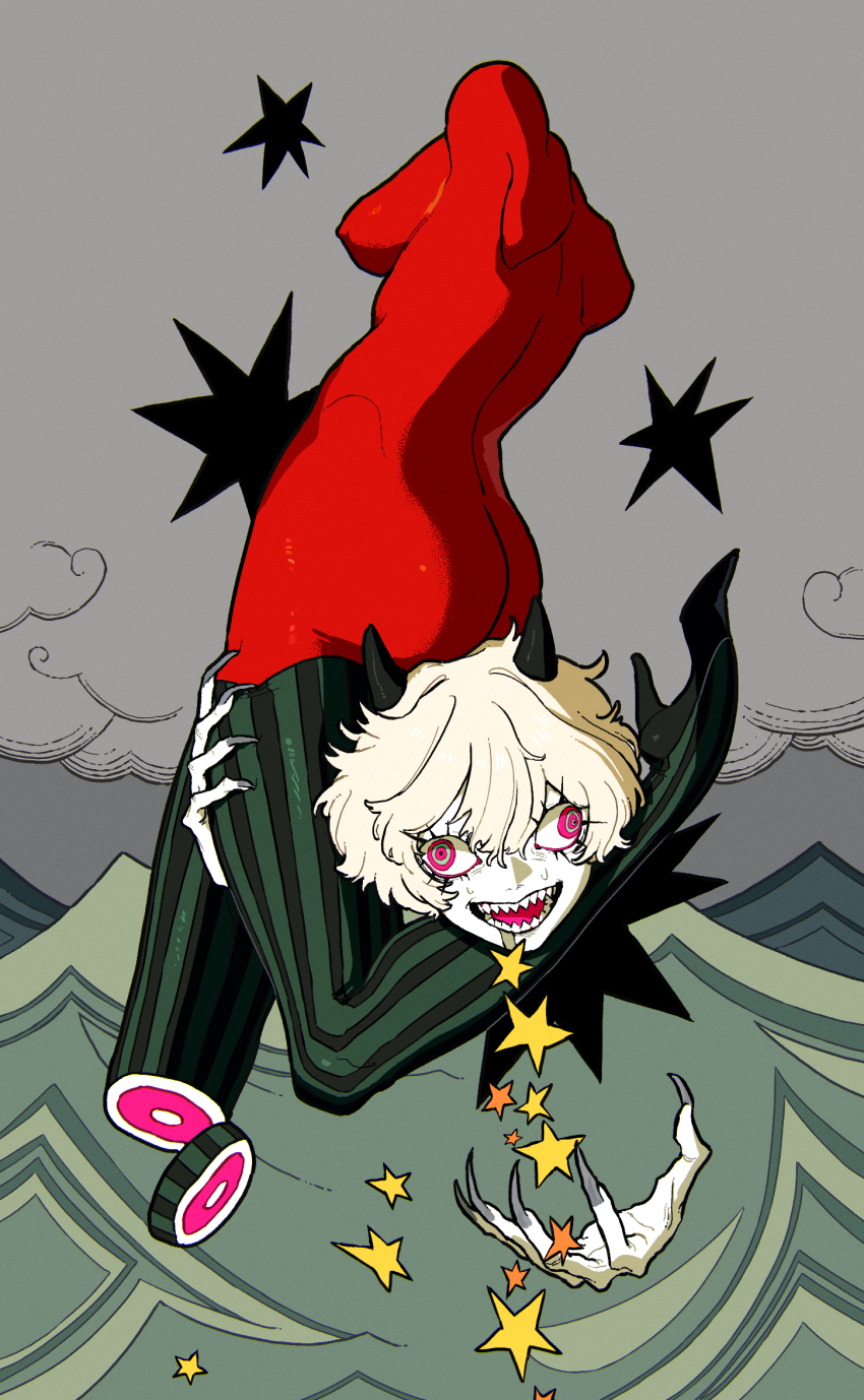 1girl blonde_hair boots disembodied_head fingernails grey_background high_heel_boots high_heels highres horns momomo_906 original overcast red_eyes ringed_eyes sharp_fingernails sharp_teeth short_hair sky solo star_(symbol) teeth thigh_boots wall-eyed water waves