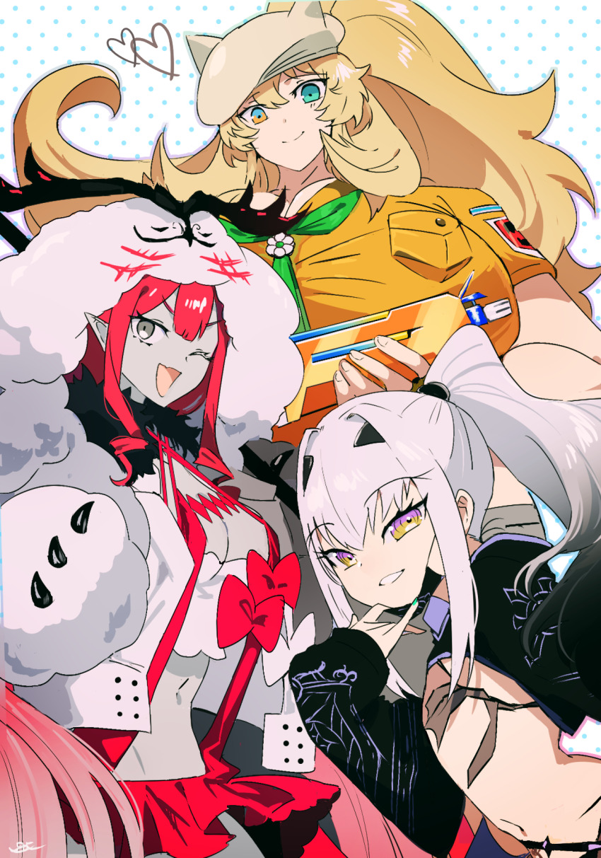 3girls ;d animal_hands baobhan_sith_(fate) baobhan_sith_(swimsuit_pretender)_(fate) baobhan_sith_(swimsuit_pretender)_(first_ascension)_(fate) barghest_(fate) barghest_(swimsuit_archer)_(fate) barghest_(swimsuit_archer)_(first_ascension)_(fate) blonde_hair blue_nails breasts cernunnos_(fate) cleavage colored_skin fate/grand_order fate_(series) gloves green_eyes green_neckerchief grey_eyes hair_ornament hairclip hat headwear_with_attached_mittens heterochromia highres holding holding_water_gun huge_breasts large_breasts long_hair looking_at_viewer mask mask_pull melusine_(fate) melusine_(swimsuit_ruler)_(fate) melusine_(swimsuit_ruler)_(first_ascension)_(fate) mouth_mask multiple_girls navel neckerchief one_eye_closed open_mouth pale_skin pink_hair pirohi_(pirohi214) pointy_ears ponytail shrug_(clothing) small_breasts smile water_gun white_hair yellow_eyes