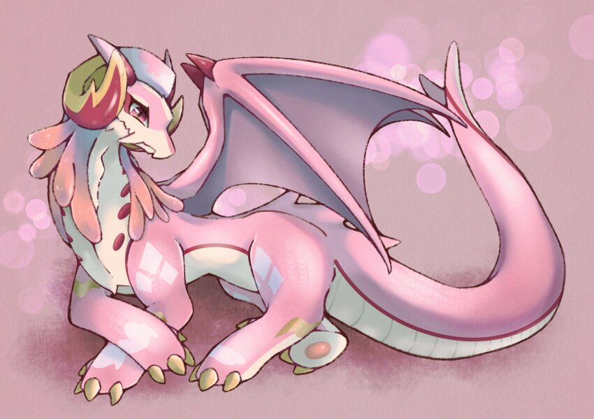 1girl claws closed_mouth dragon dragon_girl dragon_horns dragon_tail dragon_wings dragonmaid_ernus duel_monster full_body highres horns long_hair lying nurse_dragonmaid pink_eyes pink_hair pink_scales simple_background solo suiroku tail western_dragon wings yu-gi-oh!
