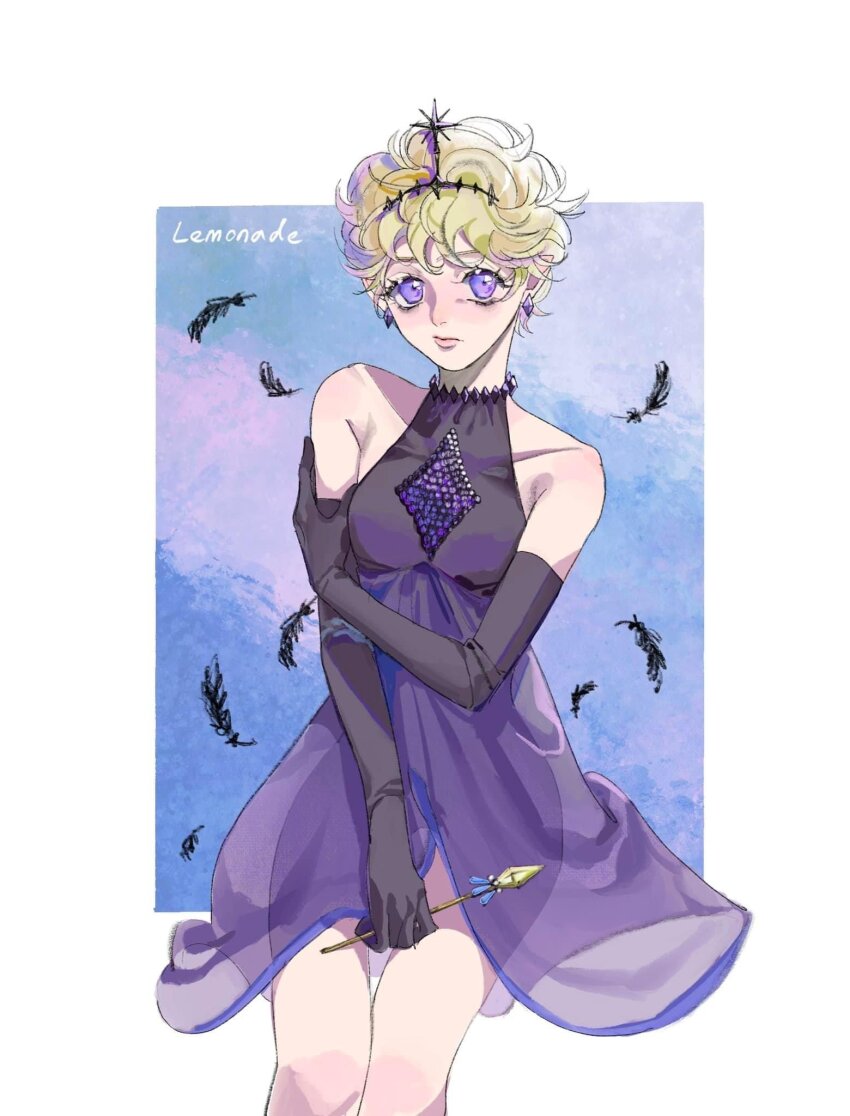 1girl artist_name black_dress black_feathers black_gloves blonde_hair closed_mouth commentary_request cowboy_shot crown diamond_(shape) dress elbow_gloves feathers gloves highres holding looking_at_viewer purple_dress purple_eyes realemonade short_hair sugar_sugar_rune turtleneck turtleneck_dress two-tone_dress vanilla_mieux