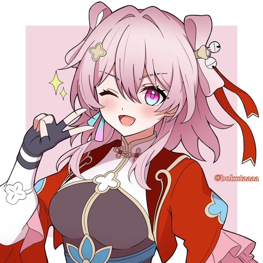 1girl bell belt black_gloves blue_belt blue_eyes blush bokutaaaa border breasts cropped_jacket earrings fingerless_gloves gloves hair_intakes hair_ornament hairpin high_belt highres honkai:_star_rail honkai_(series) jacket jewelry jingle_bell long_sleeves looking_at_viewer mandarin_collar march_7th_(honkai:_star_rail) march_7th_(hunt)_(honkai:_star_rail) medium_breasts medium_hair missing_commentary multicolored_eyes official_alternate_costume official_alternate_hairstyle one_eye_closed open_clothes open_jacket open_mouth outside_border pink_background pink_eyes pink_hair pink_pupils puffy_sleeves red_jacket shuangyaji single_earring smile twitter_username two-tone_eyes upper_body v white_border white_sleeves
