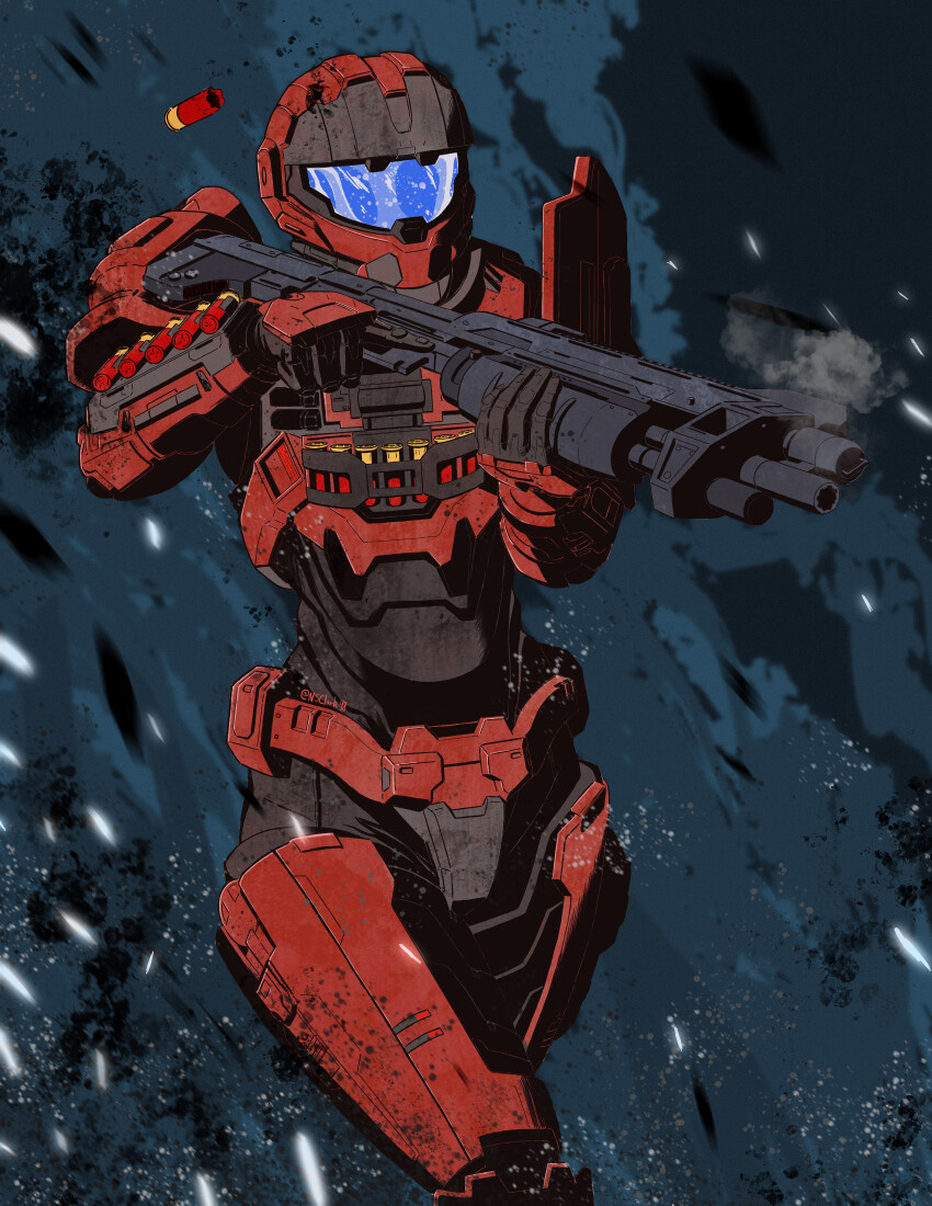 12-gauge 1girl absurdres ammunition armor assault_visor casing_ejection gun halo_(series) halo_infinite highres holding holding_gun holding_weapon low_bore_axis_shotgun m90 nathan_clark polymer-cased_ammunition power_armor procreate_(medium) pump-action_shotgun science_fiction shell_casing shotgun shotgun_shell smoke smoking_barrel solo spartan_(halo) walking weapon