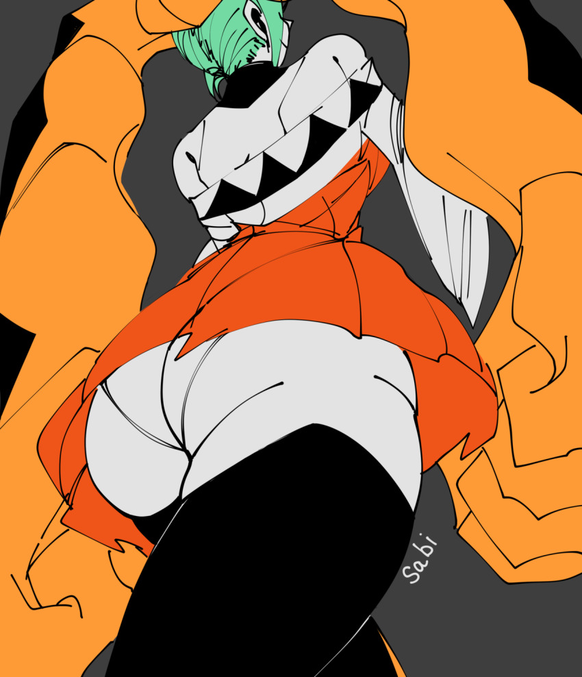 1girl aqua_hair ass boots cerebella_(skullgirls) dress female_focus from_behind grey_background highres orange_dress panties sabi skullgirls smile solo thigh_boots thighhighs underwear vice-versa_(skullgirls)