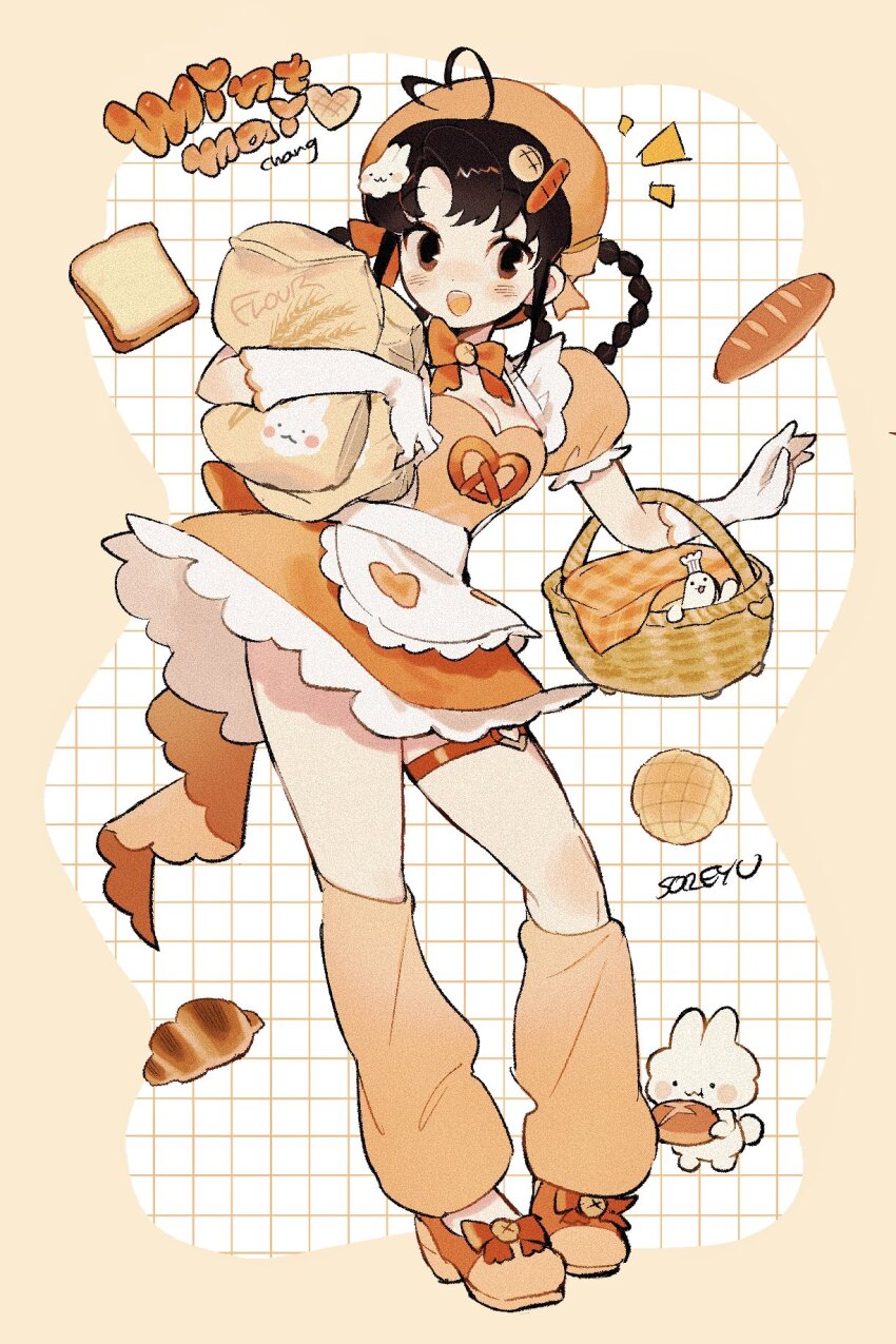 1girl :o ahoge apron artist_name bag basket black_eyes black_hair blush_stickers border braid bread bread_hair_ornament bread_slice breasts character_name cleavage commentary commentary_request croissant dress elbow_carry english_commentary flour food food-themed_hair_ornament full_body gloves grid_background hair_ornament hair_ribbon hat heart heart_ahoge highres holding holding_basket indie_virtual_youtuber leg_warmers long_hair looking_at_viewer medium_breasts mintmai open_mouth pretzel puffy_short_sleeves puffy_sleeves rabbit ribbon shoes short_sleeves solo soreeyu_(sore-yu) standing thigh_strap waist_apron white_apron white_gloves