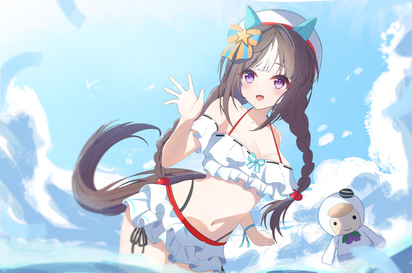 1girl animal_ears beret blunt_bangs blush braid breasts cleavage cloud collarbone commentary_request hat highres hokko_tarumae_(umamusume) horse_ears horse_girl horse_tail looking_at_viewer maisaka_haruka medium_breasts navel ocean open_mouth purple_eyes ribbon sky swimsuit tail tomachop twin_braids umamusume