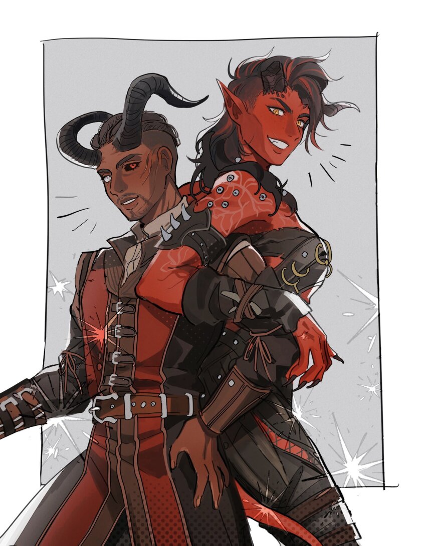 1boy 1girl baldur&#039;s_gate baldur&#039;s_gate_3 belt belt_buckle black_hair black_horns black_nails black_sclera border brown_belt buckle colored_sclera colored_skin commentary dark-skinned_male dark_skin demon_girl demon_tail dungeons_&amp;_dragons english_commentary fingerless_gloves gloves grey_background grey_eyes grin hand_on_own_hip height_difference heterochromia highres horns karlach locked_arms long_hair multicolored_hair muscular muscular_female outside_border pointy_ears red_eyes red_hair red_skin scar scar_on_face seirorath short_hair simple_background smile streaked_hair tail tiefling white_border wyll_(baldur&#039;s_gate)