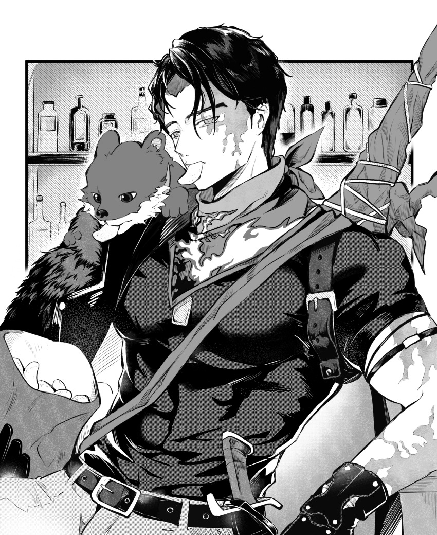 1boy absurdres animal animal_on_shoulder animalization bag bag_of_chips belt bottle burn_scar chips_(food) coat coat_on_shoulders dagger food food_in_mouth gloves greyscale highres holding holding_bag j_(reverse:1999) knife male_focus monochrome muscular muscular_male nasipattaya neckerchief pectorals person_and_animalization reverse:1999 scar scar_on_arm scar_on_face shelf shirt short_hair short_sleeves solo t-shirt upper_body weapon weapon_on_back wine_bottle
