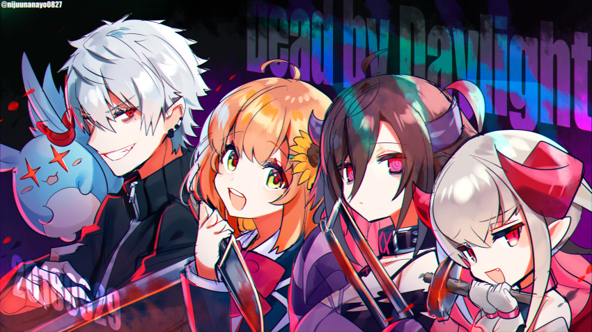 1boy 3girls :d black_jacket blazer blue_jacket blush bow breasts brown_hair cleavage collared_shirt copyright_name dated dead_by_daylight demon_horns ear_piercing earrings flower gloves green_eyes grey_hair grin hair_between_eyes hair_flower hair_ornament hairclip hands_up highres holding holding_knife honma_himawari honma_himawari_(1st_costume) horns jacket jewelry knife kuzuha_(1st_costume)_(nijisanji) kuzuha_(nijisanji) large_breasts makaino_ririmu makaino_ririmu_(1st_costume) multicolored_hair multiple_girls nijisanji ninahachi open_mouth orange_hair piercing pointy_ears red_bow red_eyes red_hair school_uniform shirt smile sunflower sunflower_hair_ornament track_jacket twitter_username two-tone_hair upper_body virtual_youtuber white_gloves white_shirt yamiyono_moruru yellow_flower