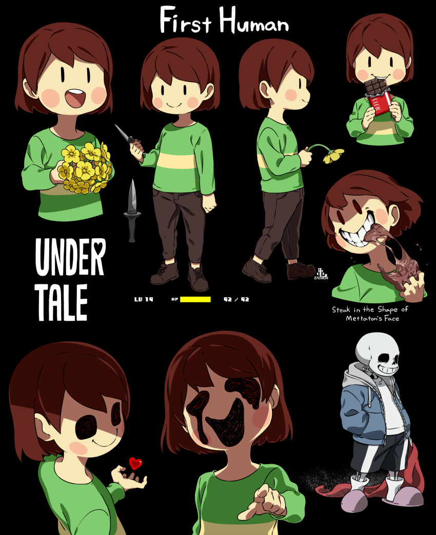 1boy 1other :d absurdres androgynous black_shorts blue_jacket blush_stickers bouquet brown_footwear brown_hair brown_pants candy cape cel_shading chara_(undertale) character_name child chocolate chocolate_bar commentary copyright_name crazy_eyes cropped_torso dagger eating english_text evil_grin evil_smile flower food food_in_mouth full_body green_shirt grin hands_in_pockets health_bar heart highres holding holding_bouquet holding_dagger holding_flower holding_knife holding_unworn_cape holding_unworn_clothes holding_weapon hollow_eyes hollow_mouth hood hood_down hooded_jacket jacket kamezaemon knife long_sleeves looking_at_viewer melting_eyes multiple_views no_nose open_clothes open_jacket open_mouth other_focus pants pink_slippers pointing pointing_at_viewer red_cape sans_(undertale) shaded_face shirt shoes short_hair shorts skeleton slippers smile solid_oval_eyes solo_focus standing steak striped_clothes striped_shirt undertale unworn_cape walking weapon white_shirt yellow_flower