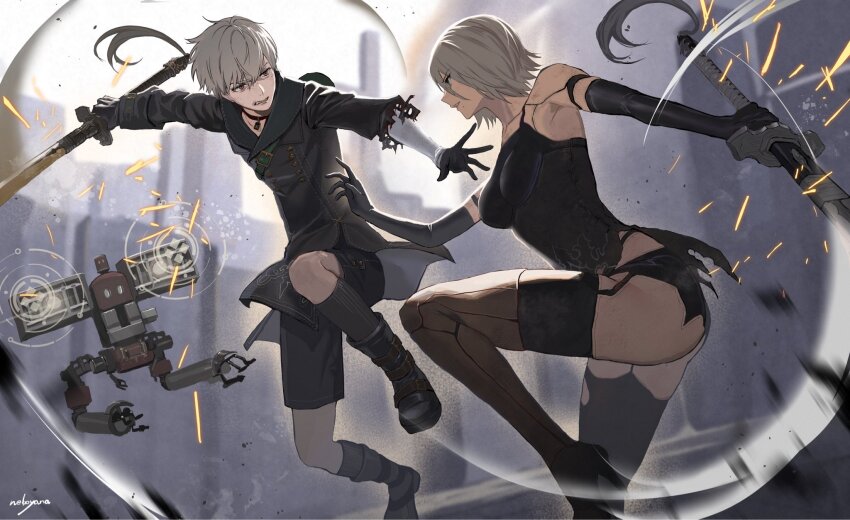 1boy 1girl 9s_(nier:automata) a2_(nier:automata) artist_name battle black_boots black_choker black_gloves black_jacket black_shirt black_thighhighs blurry blurry_background boots breasts choker clenched_teeth elbow_gloves furrowed_brow gloves grey_hair hair_between_eyes highres holding holding_sword holding_weapon jacket looking_at_another medium_breasts nekoyana nier:automata nier_(series) pendant_choker robot shirt short_hair sword teeth thighhighs torn_clothes weapon