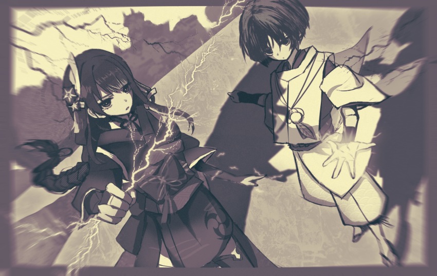 1boy 1girl alternate_universe blunt_bangs blurry braid bridal_gauntlets chinese_commentary closed_mouth depth_of_field electricity from_above genshin_impact glowing hair_between_eyes hair_ornament highres japanese_clothes keraunophilia kimono long_braid long_hair looking_at_viewer looking_up mitsudomoe_(shape) mole mole_under_eye monochrome mother_and_son neck_ribbon official_alternate_costume open_mouth outdoors powering_up raiden_shogun ribbon sash scaramouche_(genshin_impact) scaramouche_(kabukimono)_(genshin_impact) shade shadow short_hair single_braid standing thighhighs tomoe_(symbol) wide_sleeves