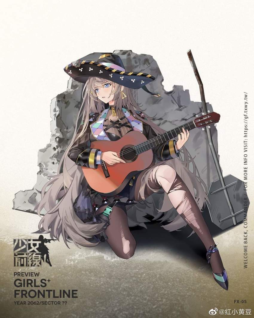 artist_request blue_eyes faux_figurine fx-05_(girls&#039;_frontline) fx-05_xiuhcoatl girls&#039;_frontline grey_hair guitar hat high_heels highres instrument long_hair long_sleeves looking_to_the_side miyazakisoul music official_art on_one_knee open_mouth pantyhose playing_instrument solo sombrero torn_clothes torn_pantyhose