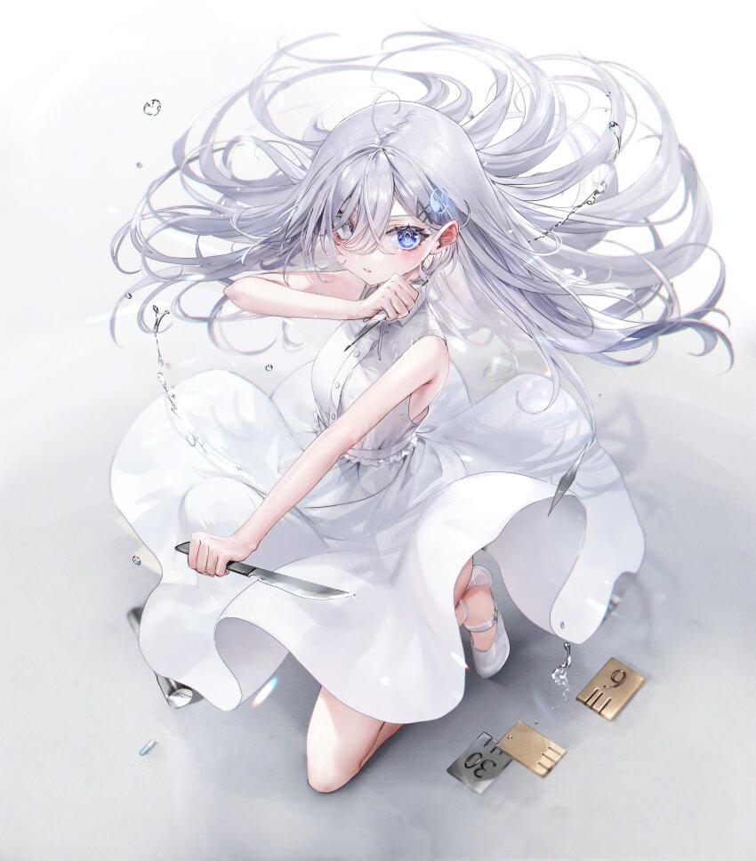1girl absurdres bare_arms bare_shoulders blue_eyes blush cover cover_page dress floating_hair full_body grey_eyes grey_hair grey_shoes hair_ornament hairclip heterochromia highres holding holding_knife knife long_hair looking_at_viewer nekometaru novel_cover official_art parted_lips shibou_yuugi_de_meshi_o_kuu shoes sleeveless sleeveless_dress solo textless_version very_long_hair yuuki_(shibou_yuugi)