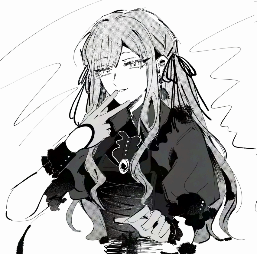 1girl bang_dream! bang_dream!_it&#039;s_mygo!!!!! brooch commentary earrings gloves greyscale hair_ribbon hand_up highres jewelry long_hair looking_at_viewer maybecrosswise monochrome oblivionis_(bang_dream!) puffy_short_sleeves puffy_sleeves ribbon short_sleeves sidelocks solo togawa_sakiko upper_body v v_over_mouth