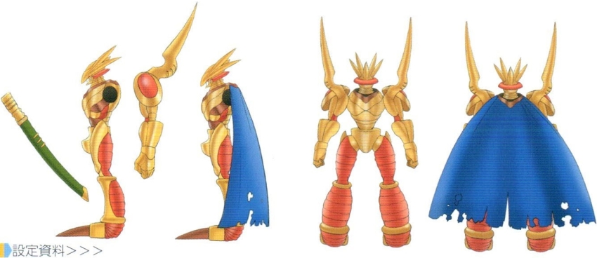 1boy armor bandai cape reference_sheet claws concept_art digimon digimon_(creature) dual_wielding grademon holding mechanical_arms mechanical_legs multiple_views no_humans official_art open_mouth red_eyes scan sword weapon