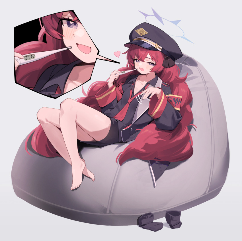 1girl absurdres armband barefoot black_headwear black_jacket black_shirt black_skirt blue_archive blue_halo blush collarbone collared_shirt grey_eyes halo hat highres iroha_(blue_archive) jacket long_hair long_sleeves multiple_views necktie open_clothes open_jacket open_mouth peaked_cap red_armband red_hair red_necktie seven-segment_display shirt shuca_ca simple_background skirt smile socks unworn_socks white_background