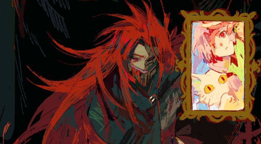 2boys black_cloak cloak closed_mouth commentary_request dita_iliner eigha_iliner godzylla_(saibou_shinkyoku) green_shirt grey_shirt hand_to_forehead korean_commentary long_hair low_ponytail male_focus mask mouth_mask multiple_boys parted_bangs pink_hair ponytail red_eyes red_hair saibou_shinkyoku shirt side_ponytail zinc_30_2
