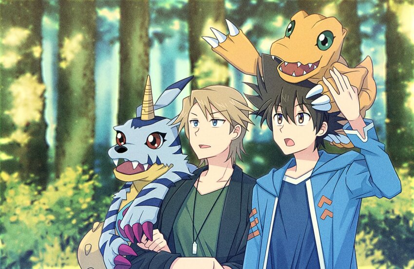 2boys agumon black_jacket blonde_hair blue_eyes blue_fur blue_jacket blue_shirt brown_eyes brown_hair crossed_arms digimon digimon_(creature) digimon_adventure_-beyond- forest gabumon green_eyes green_shirt group_picture hood hooded_jacket horns ishida_yamato jacket jewelry lizard_tail male_focus medium_hair missing_commentary momofukki multiple_boys nature outdoors pendant red_eyes shirt short_hair single_horn tail yagami_taichi