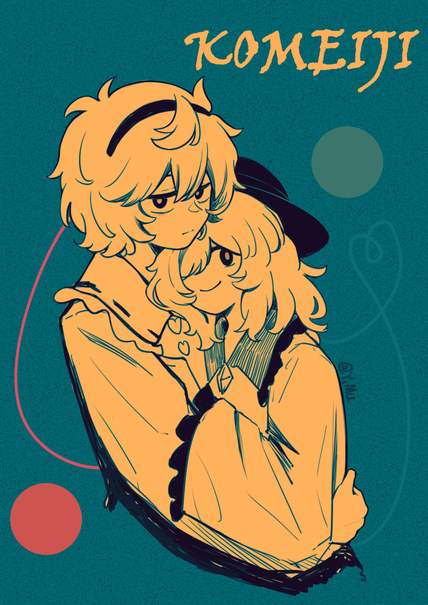 2girls :| absurdres blouse blue_background character_name closed_mouth frilled_shirt_collar frilled_sleeves frills hairband half-closed_eyes hat heart heart_of_string highres hug komeiji_koishi komeiji_satori limited_palette long_sleeves looking_at_viewer medium_hair multiple_girls one_eye_covered shirt short_hair siblings sisters smile touhou twitter_username wide_sleeves yimudesu