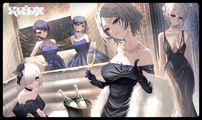 5girls abeno-shakuji-maya alternate_costume alternate_hairstyle bare_shoulders black_border black_choker black_dress black_gloves black_hair blue_dress blue_eyes blue_hair border breasts bucket champagne_bottle champagne_flute choker cleavage closed_mouth cocktail_dress commentary_request copyright_name cup denonbu dress drinking_glass earrings gloves grey_hair hair_between_eyes hair_over_one_eye hand_on_own_hip highres holding holding_cup indoors jewelry logo long_hair looking_at_viewer medium_breasts minakami_hina multiple_girls necklace seto_mitsuki shinonome_kazune shirokane_aki short_hair side_ponytail sitting sleeveless sleeveless_dress smile strapless strapless_dress wanowanoji67