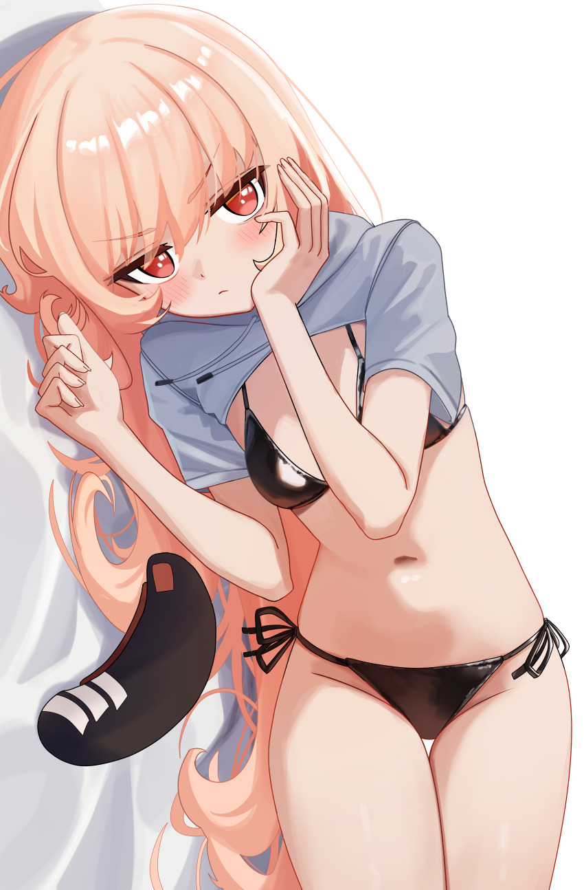 1girl absurdres artist_request beret bikini black_bikini black_hat blonde_hair blush breasts closed_mouth drawstring girls&#039;_frontline grey_shrug hand_on_own_cheek hand_on_own_face hands_up hat highres hood hood_down long_hair looking_at_viewer lying navel on_side red_eyes short_sleeves shrug_(clothing) side-tie_bikini_bottom simple_background small_breasts solo stomach string_bikini swimsuit thighs type_80_(girls&#039;_frontline) unworn_hat unworn_headwear v-shaped_eyebrows very_long_hair white_background
