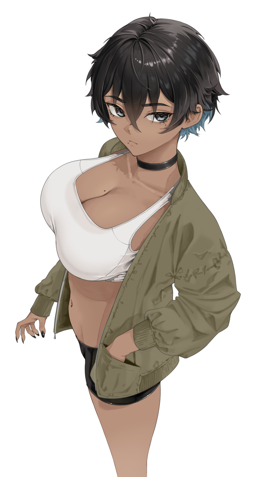 1girl absurdres bike_shorts black_choker black_nails blue_eyes blue_hair breasts choker cleavage colored_inner_hair dark-skinned_female dark_skin from_side hair_between_eyes hand_in_pocket highres jacket ku_(kuchurage) kuchurage large_breasts looking_at_viewer mole mole_on_breast mole_under_eye mole_under_mouth multicolored_hair navel open_clothes open_jacket original simple_background solo stomach white_background