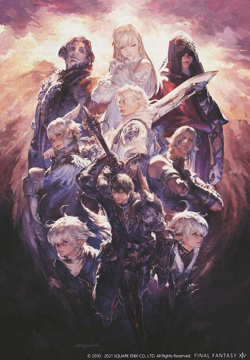 3girls 6+boys adventurer_(ff14) ahoge alisaie_leveilleur alphinaud_leveilleur arm_up armor artist_name black_coat black_hair black_robe blonde_hair blue_eyes breastplate closed_eyes coat copyright_name copyright_notice covered_eyes crossed_arms crystal_exarch dark_knight_(final_fantasy) dress earrings elezen elf emet-selch english_text facial_tattoo faulds feather_hair_ornament feathers final_fantasy final_fantasy_xiv g&#039;raha_tia garlean gauntlets greatsword greaves grey_hair gunblade gunbreaker_(final_fantasy) hair_ornament hair_over_one_eye hand_up highres holding holding_sword holding_weapon hood hood_up hooded_robe hyur jewelry long_hair material_growth miqo&#039;te multicolored_hair multiple_boys multiple_girls official_art over_shoulder pauldrons pointy_ears poster_(medium) robe ryne_waters shaded_face short_hair shoulder_armor signature swept_bangs sword tattoo thancred_waters two-tone_hair upper_body urianger_augurelt warrior_of_light_(ff14) weapon weapon_over_shoulder white_dress white_hair y&#039;shtola_rhul yoshida_akihiko
