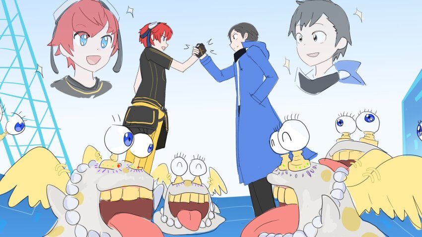 aiba_takumi amasawa_keisuke black_eyes black_hair blue_eyes digimon digimon_story:_cyber_sleuth digimon_story:_cyber_sleuth_hacker&#039;s_memory goggles goggles_on_head highres platinumnumemon red_hair short_hair