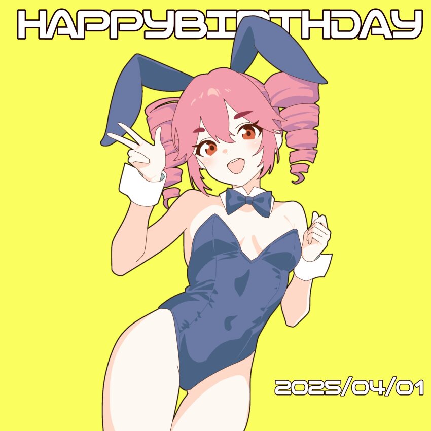 1girl birthday black_leotard blush breasts clenched_hand cowboy_shot double-parted_bangs drill_hair hair_between_eyes hand_up happy_birthday hashtag-only_commentary highres kasane_teto leotard minminmince open_mouth red_eyes red_hair simple_background small_breasts solo strapless strapless_leotard teeth thighs twin_drills upper_teeth_only utau w wrist_cuffs yellow_background