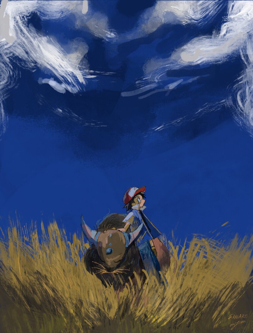 017_75 ash_ketchum baseball_cap black_hair blue_jacket blue_sky child cloud cloudy_sky denim gen_1_pokemon grass hat highres horns jacket jeans looking_up nintendo pants pokemon pokemon_(anime) pokemon_(classic_anime) pokemon_(creature) sky tauros white_clouds